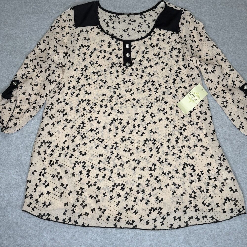 NWT Lavish Women's Maternity XL Black Bow Butterflies Print Beige Blouse